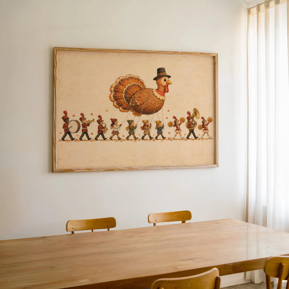 Thanksgiving Turkey Kids Parade Wall Art, Whimsical NYC Marching Band Autumn Poster, Vintage Fall Holiday Print