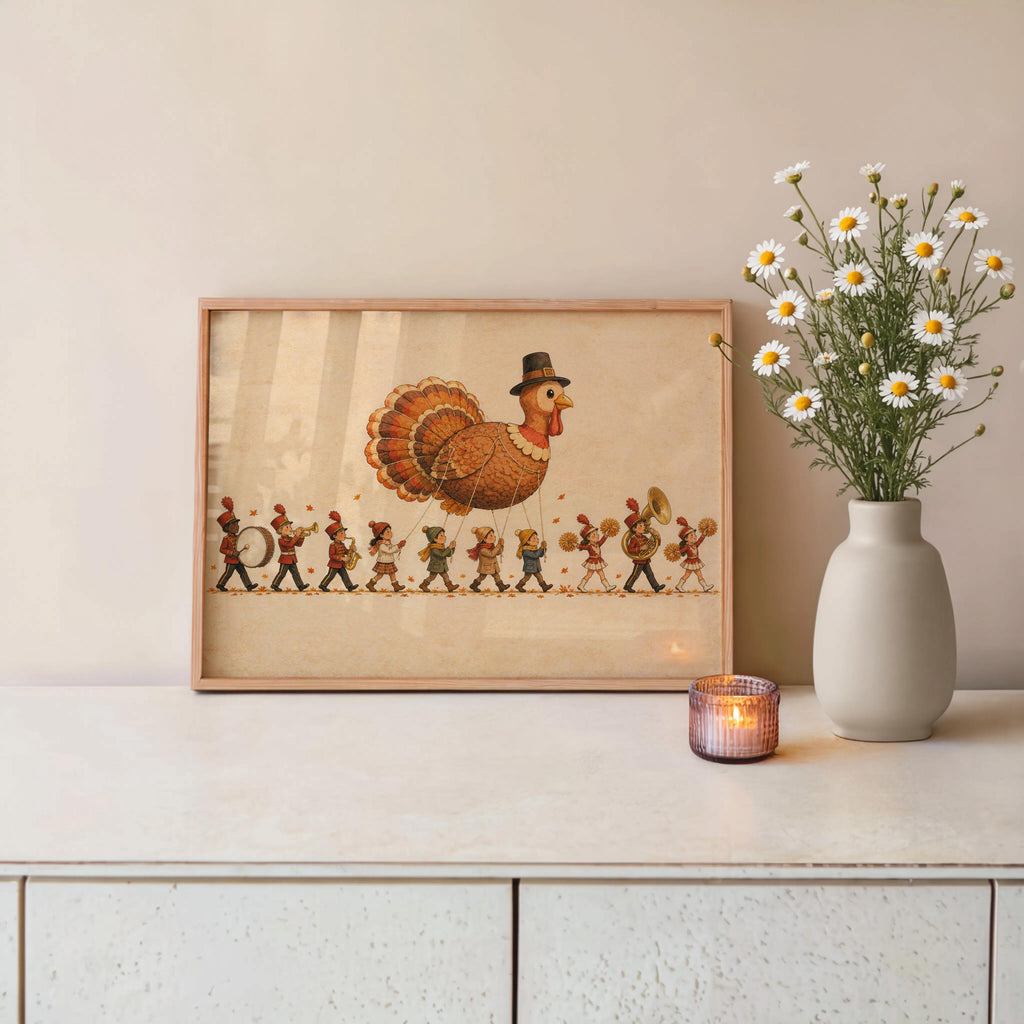 Thanksgiving Turkey Kids Parade Wall Art, Whimsical NYC Marching Band Autumn Poster, Vintage Fall Holiday Print