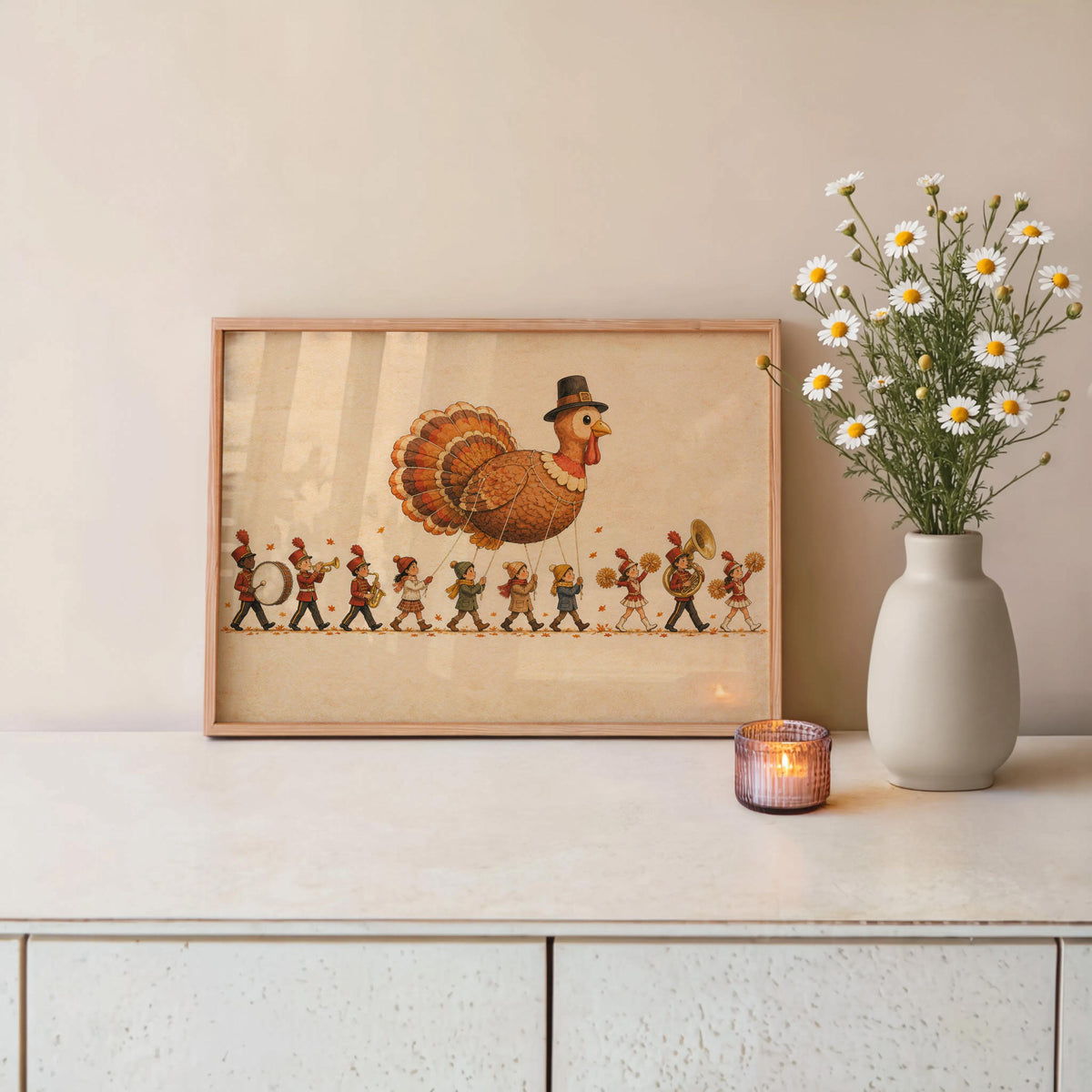 Thanksgiving Turkey Kids Parade Wall Art, Whimsical NYC Marching Band Autumn Poster, Vintage Fall Holiday Print