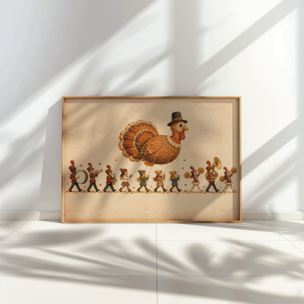 Thanksgiving Turkey Kids Parade Wall Art, Whimsical NYC Marching Band Autumn Poster, Vintage Fall Holiday Print