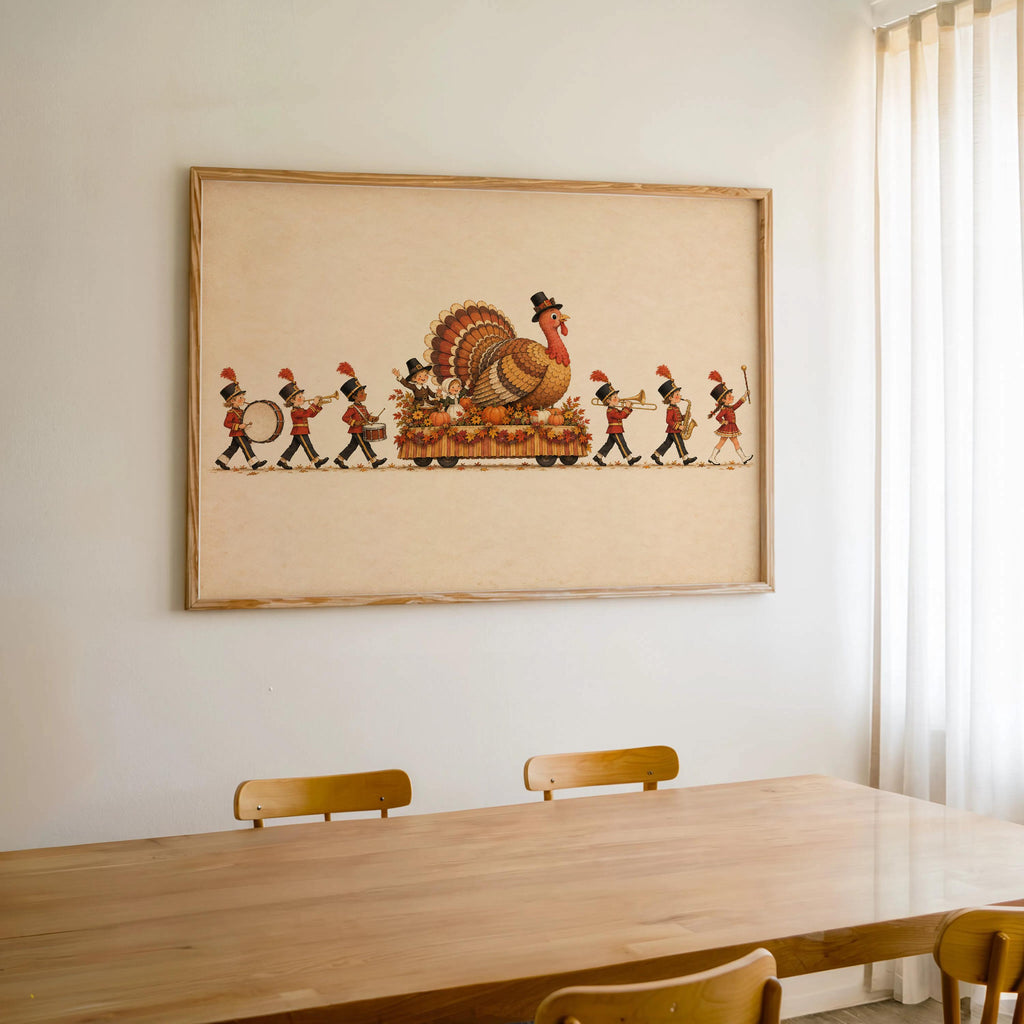 Vintage Thanksgiving Turkey Kids Parade Wall Art, Autumn New York City Float Marching Band Poster, Whimsical Holiday Print