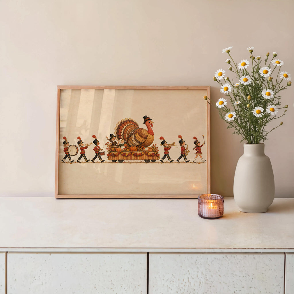 Vintage Thanksgiving Turkey Kids Parade Wall Art, Autumn New York City Float Marching Band Poster, Whimsical Holiday Print