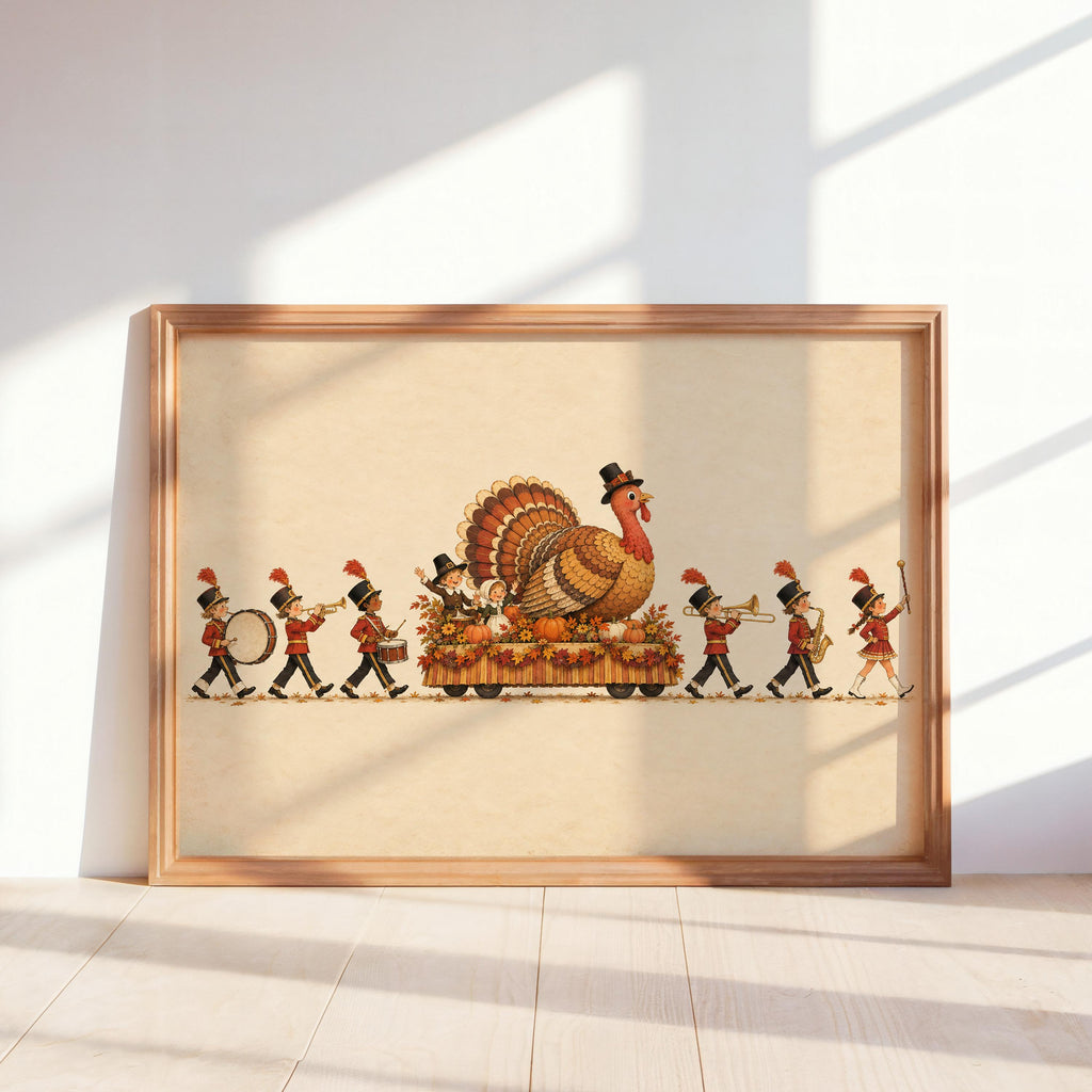 Vintage Thanksgiving Turkey Kids Parade Wall Art, Autumn New York City Float Marching Band Poster, Whimsical Holiday Print