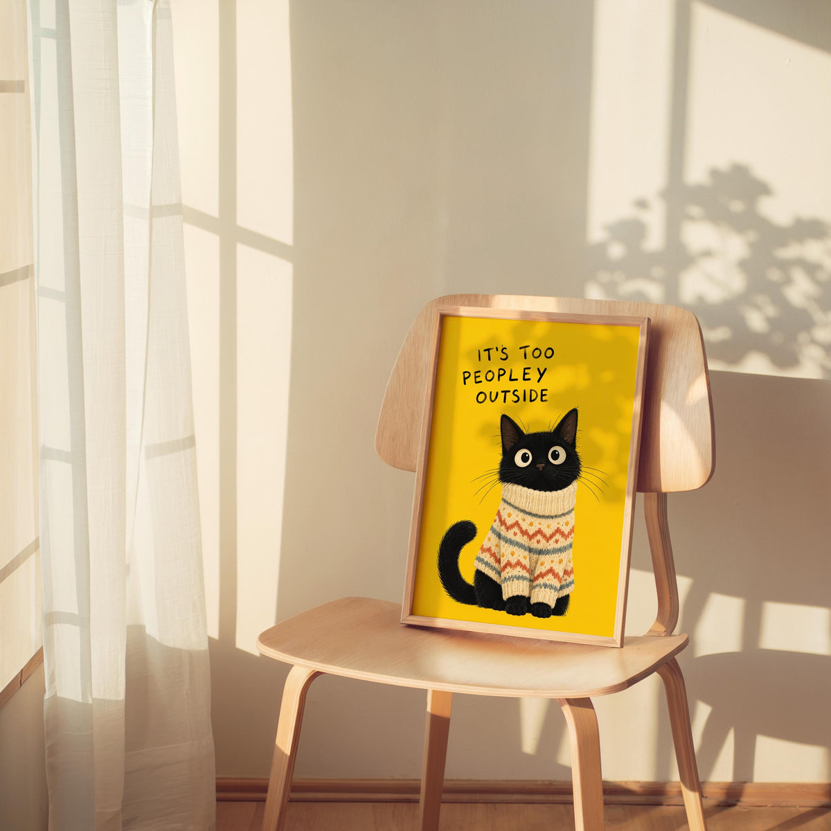 It's Too Peopley Outside Black Cat Wall Art, Funny Introvert Poster, Cozy Cat Print, Quirky Homebody Decor