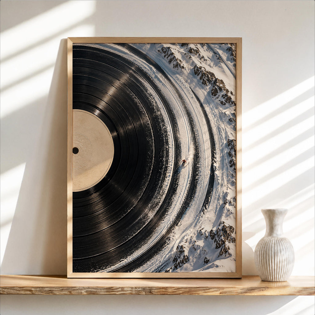 Ski Vinyl Record Print, Skier on Winter Snow Tracks Wall Art, Alpine Music Lover Print, Holiday Christmas Decor