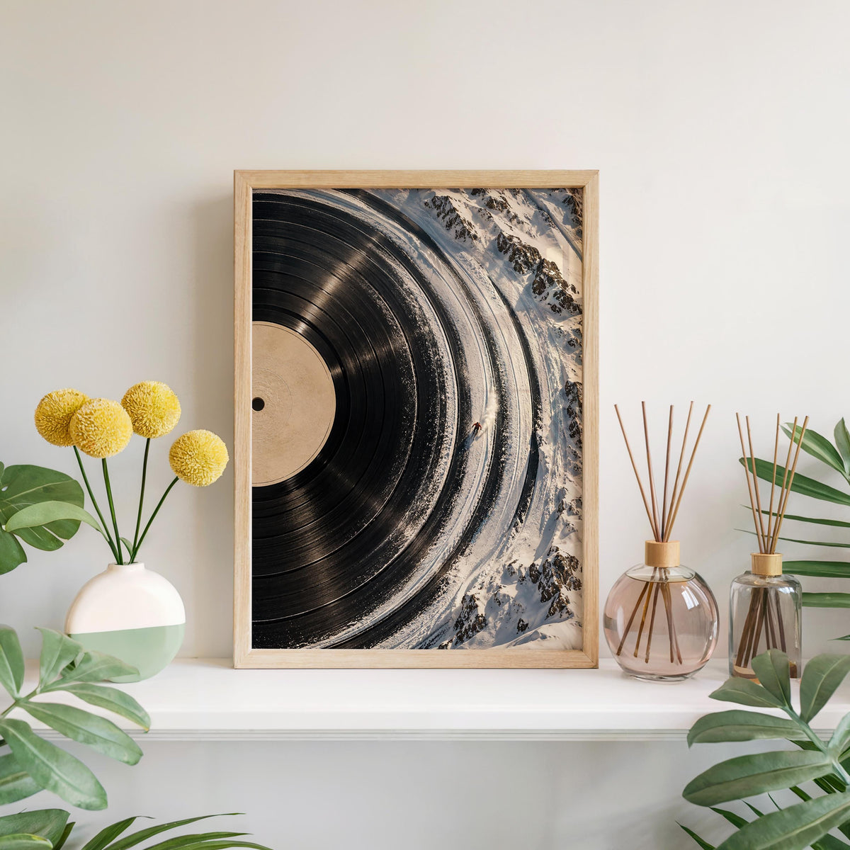Ski Vinyl Record Print, Skier on Winter Snow Tracks Wall Art, Alpine Music Lover Print, Holiday Christmas Decor