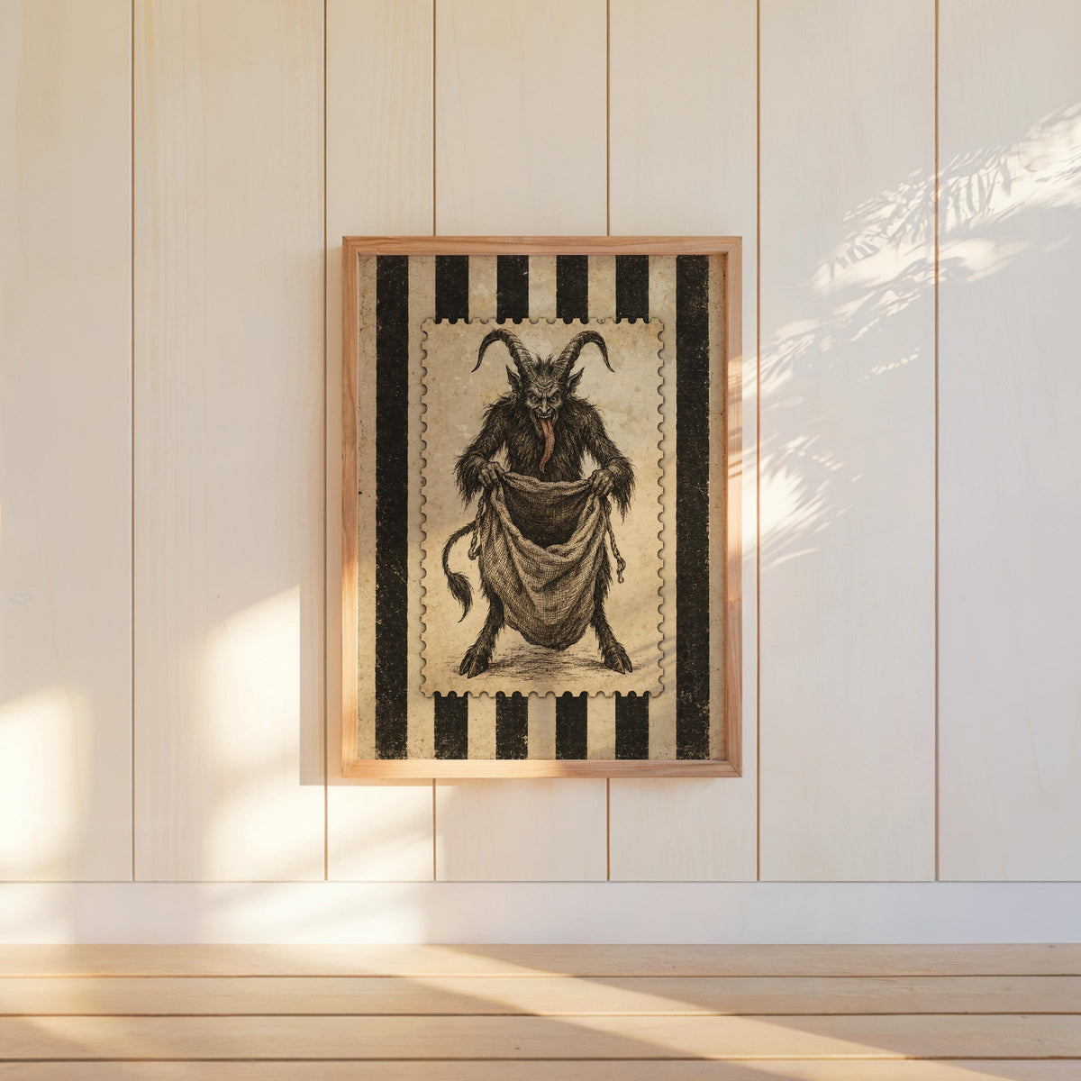 Vintage Krampus Poster, Gothic Folklore Wall Art, Striped Retro Holiday Decor, Dark Christmas Illustration, Krampusnacht Xmas Print