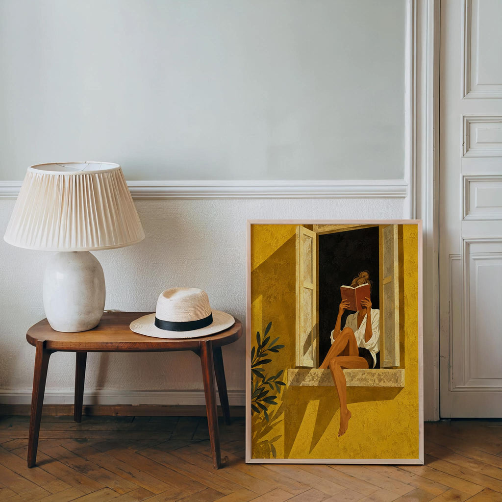 Woman Reading by Window Poster, Vintage Literary Wall Art, Retro Book Lover Print, Gold Yellow Illustration, Reading Nook Bookish Decor