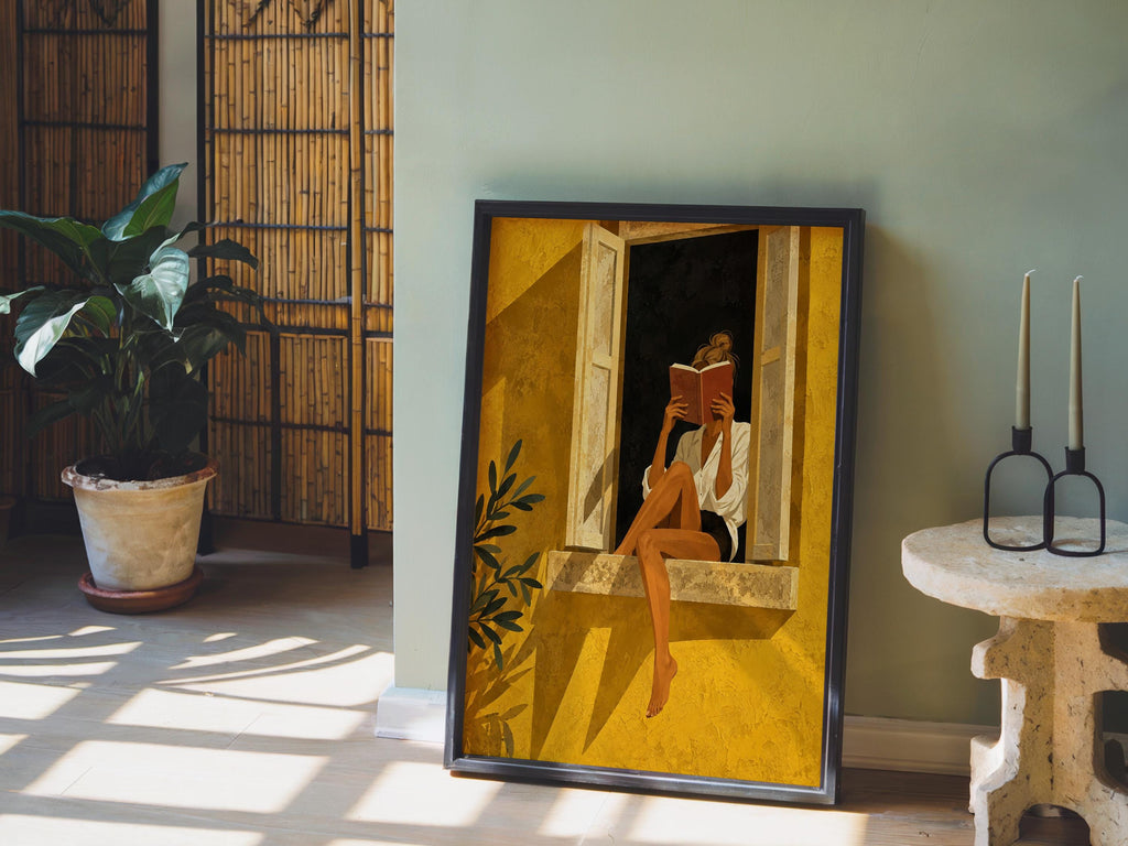 Woman Reading by Window Poster, Vintage Literary Wall Art, Retro Book Lover Print, Gold Yellow Illustration, Reading Nook Bookish Decor
