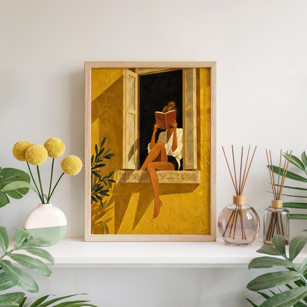 Woman Reading by Window Poster, Vintage Literary Wall Art, Retro Book Lover Print, Gold Yellow Illustration, Reading Nook Bookish Decor
