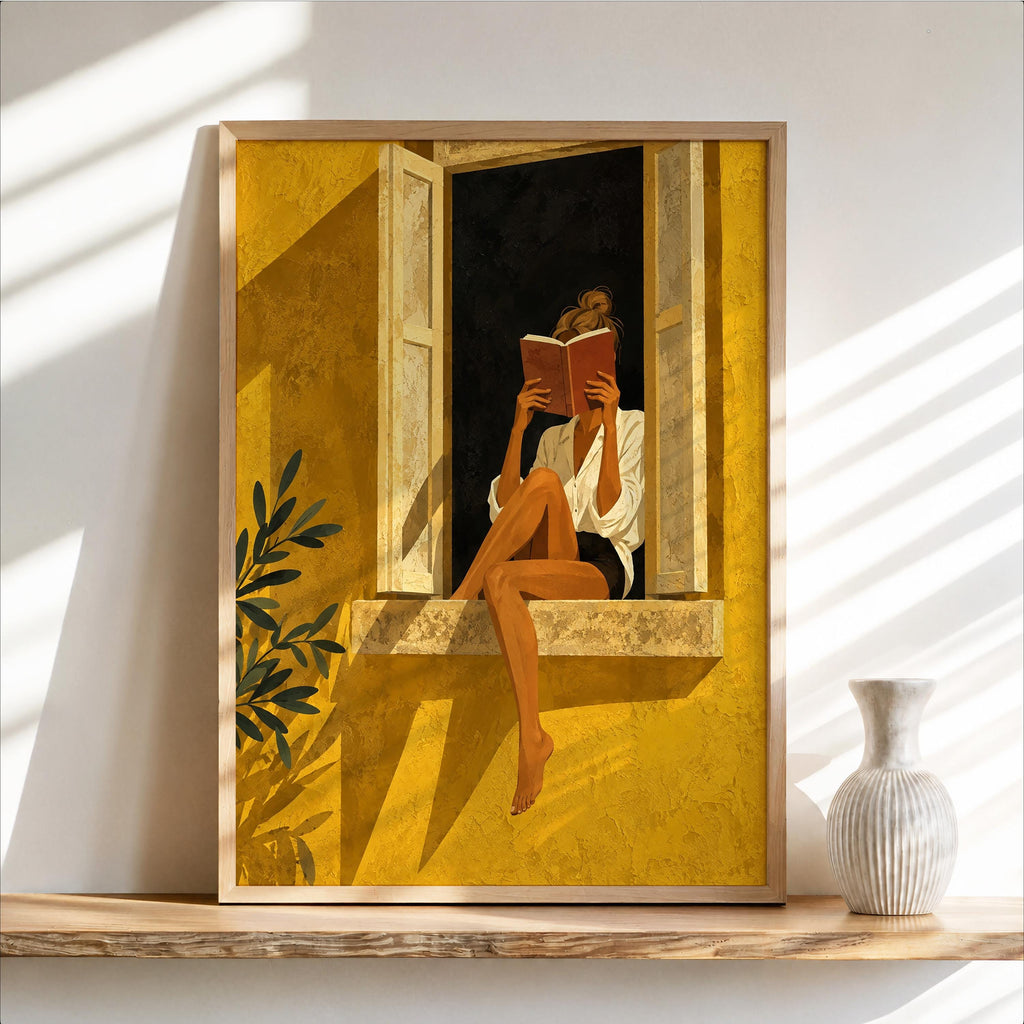 Woman Reading by Window Poster, Vintage Literary Wall Art, Retro Book Lover Print, Gold Yellow Illustration, Reading Nook Bookish Decor