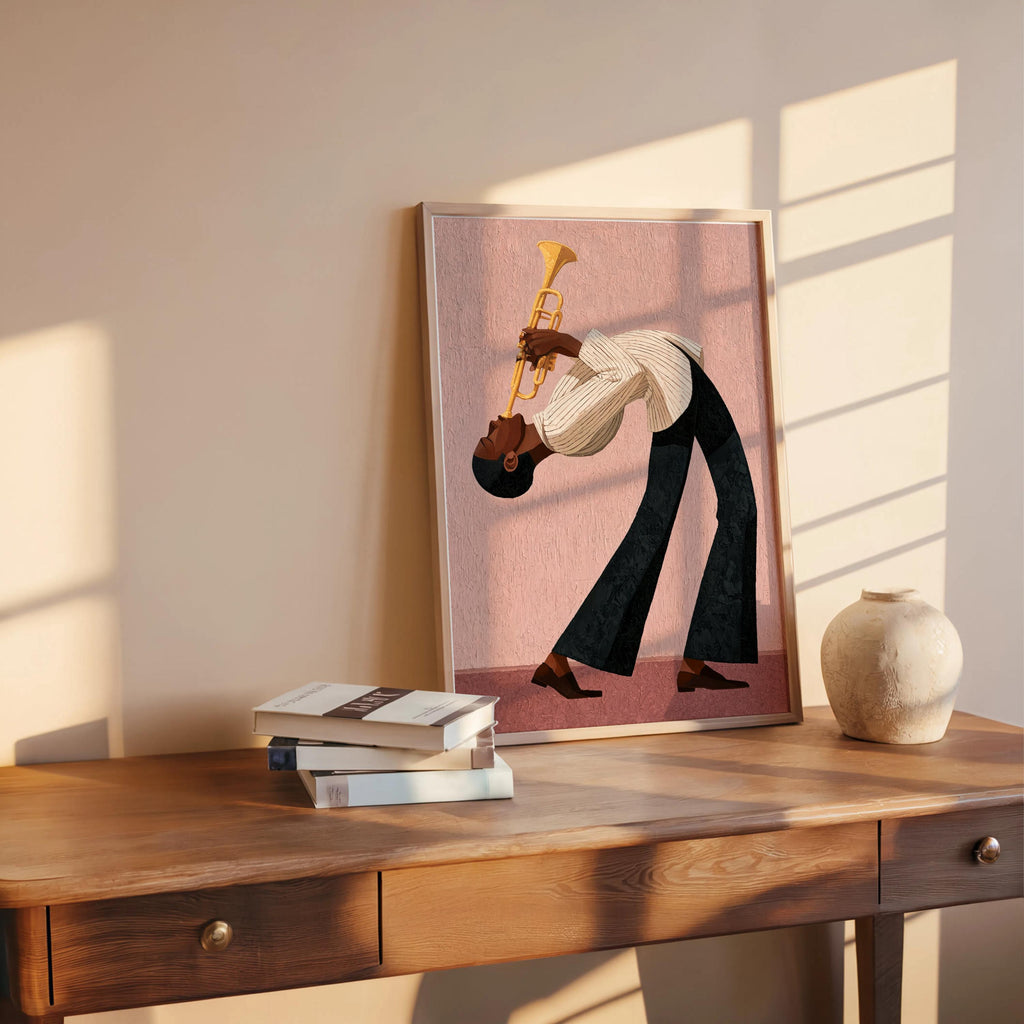Jazz Trumpet Player Print, Retro African American Musician Wall Art, Afrocentric Mid Century Modern Decor, Moody Black Culture Painting