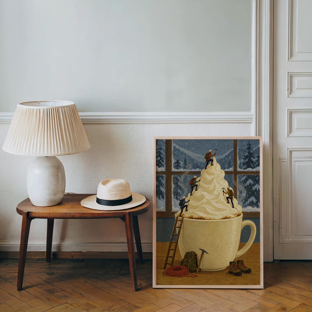 Surreal Coffee Wall Art, Tiny Mountaineers Poster, Cozy Winter Kitchen or Cafe Decor, Miniature People Climbin Mountain Poster