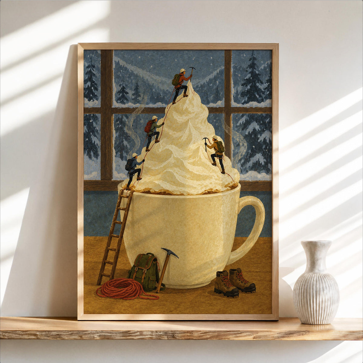 Surreal Coffee Wall Art, Tiny Mountaineers Poster, Cozy Winter Kitchen or Cafe Decor, Miniature People Climbin Mountain Poster