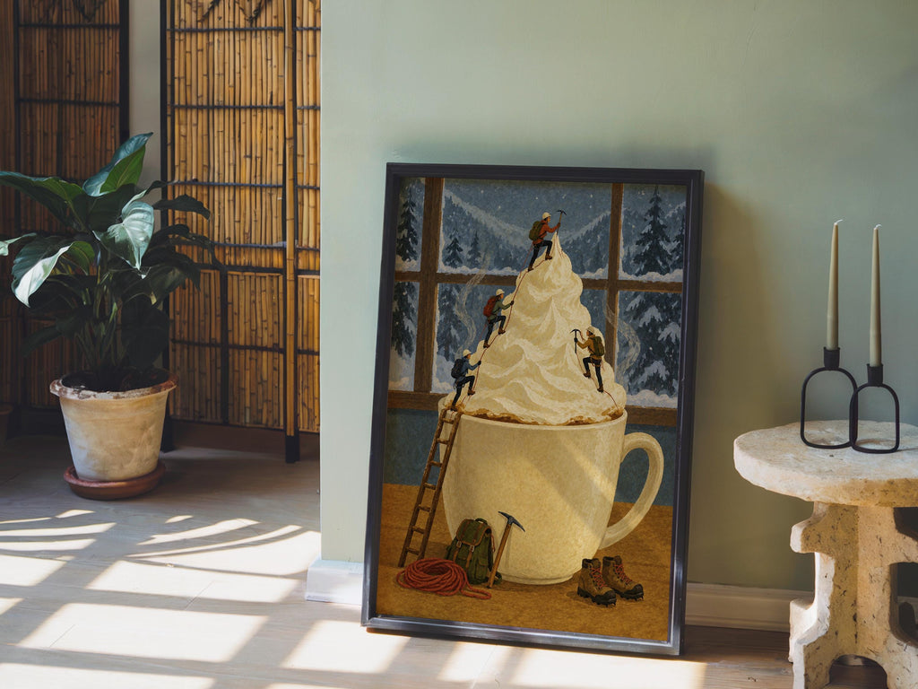Surreal Coffee Wall Art, Tiny Mountaineers Poster, Cozy Winter Kitchen or Cafe Decor, Miniature People Climbin Mountain Poster