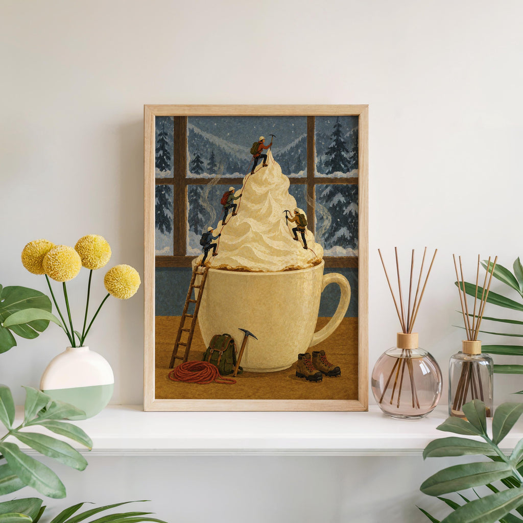 Surreal Coffee Wall Art, Tiny Mountaineers Poster, Cozy Winter Kitchen or Cafe Decor, Miniature People Climbin Mountain Poster