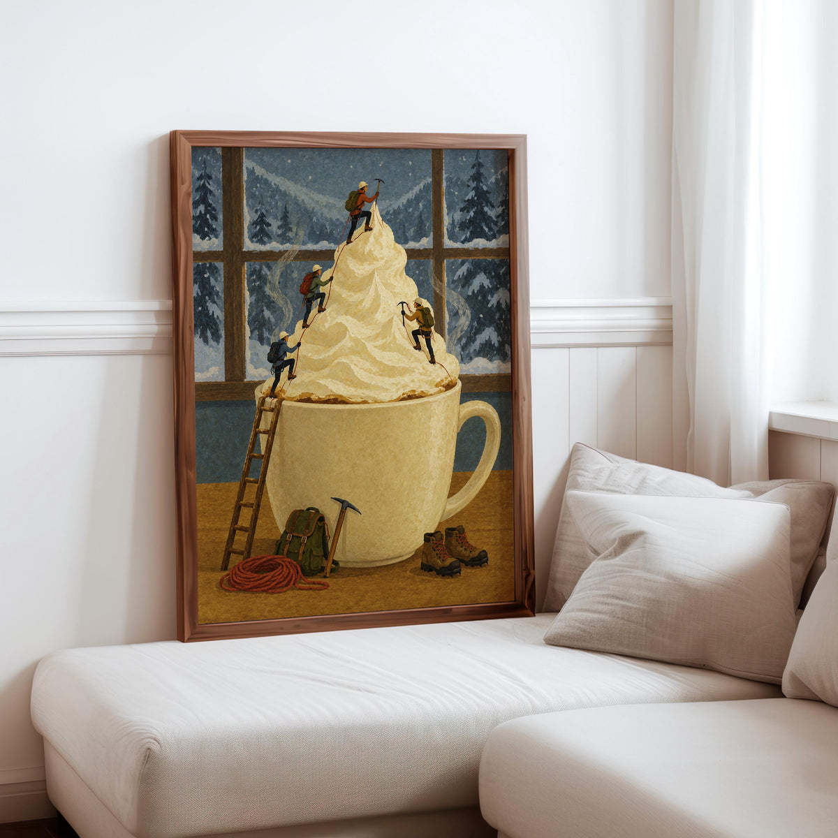 Surreal Coffee Wall Art, Tiny Mountaineers Poster, Cozy Winter Kitchen or Cafe Decor, Miniature People Climbin Mountain Poster