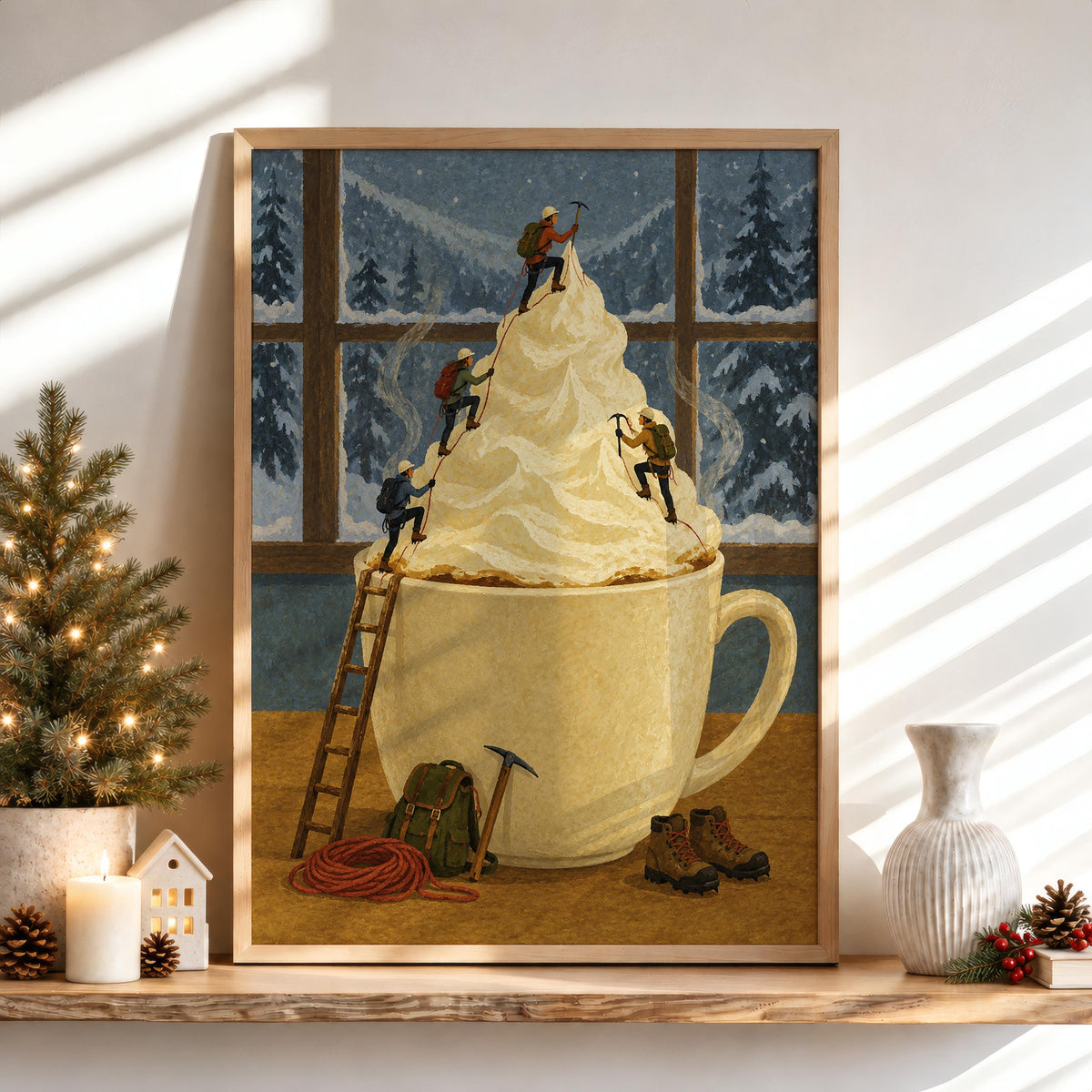 Surreal Coffee Wall Art, Tiny Mountaineers Poster, Cozy Winter Kitchen or Cafe Decor, Miniature People Climbin Mountain Poster