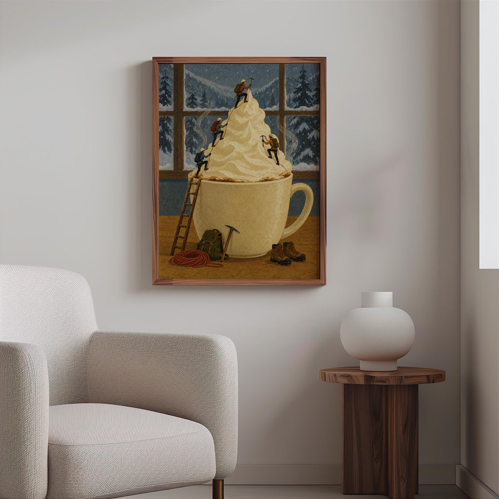 Surreal Coffee Wall Art, Tiny Mountaineers Poster, Cozy Winter Kitchen or Cafe Decor, Miniature People Climbin Mountain Poster