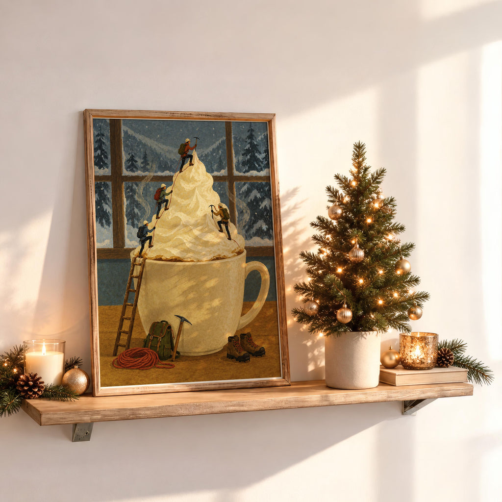 Surreal Coffee Wall Art, Tiny Mountaineers Poster, Cozy Winter Kitchen or Cafe Decor, Miniature People Climbin Mountain Poster