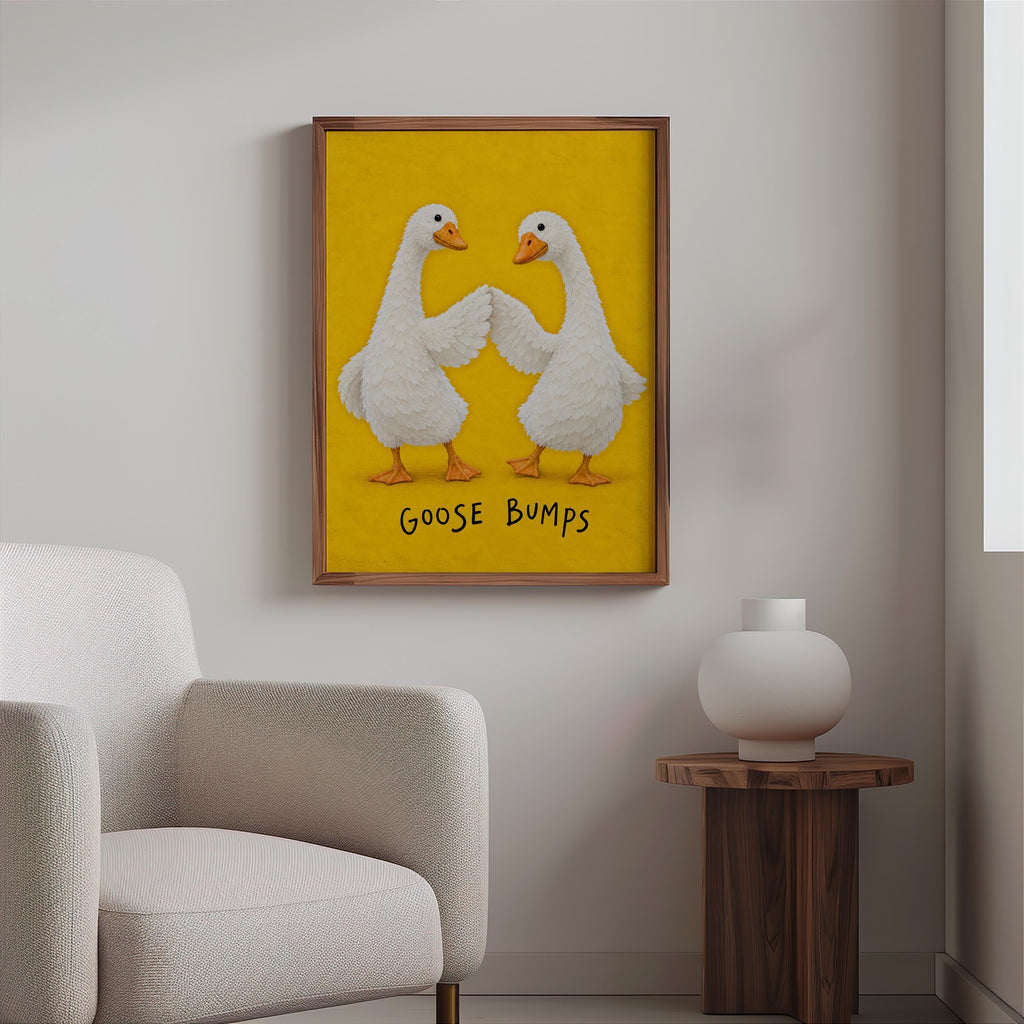 Goose Bumps Wall Art, Funny Fist Bump Geese Poster, Silly Animal Pun Print, Yellow Quirky Home Decor, Playful Gift for Bird Lovers