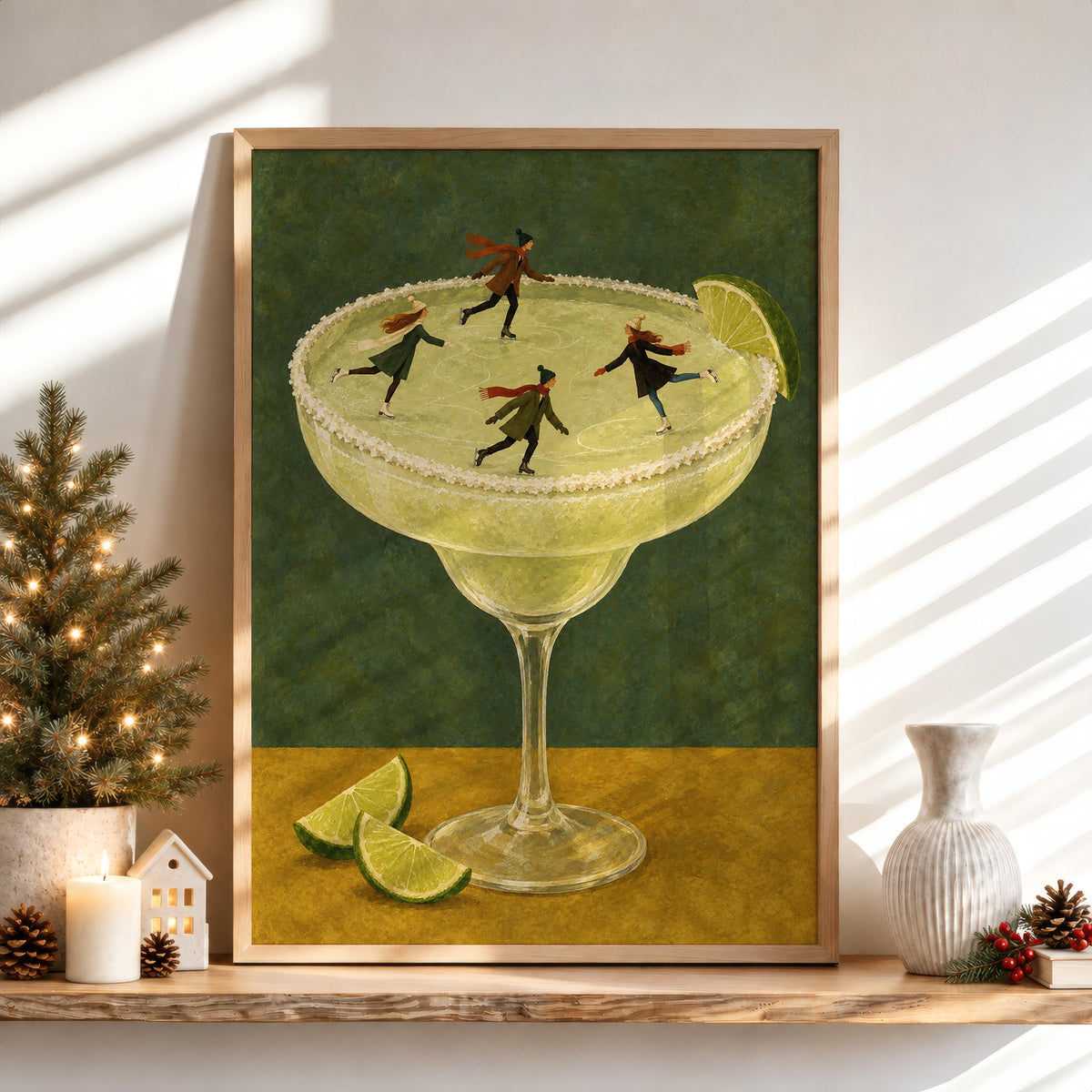 Margarita Ice Skaters Wall Art, Tiny People Cocktail Poster, Surreal Bar Cart Print, Whimsical Winter Decor, Fun Margarita Lover Gift