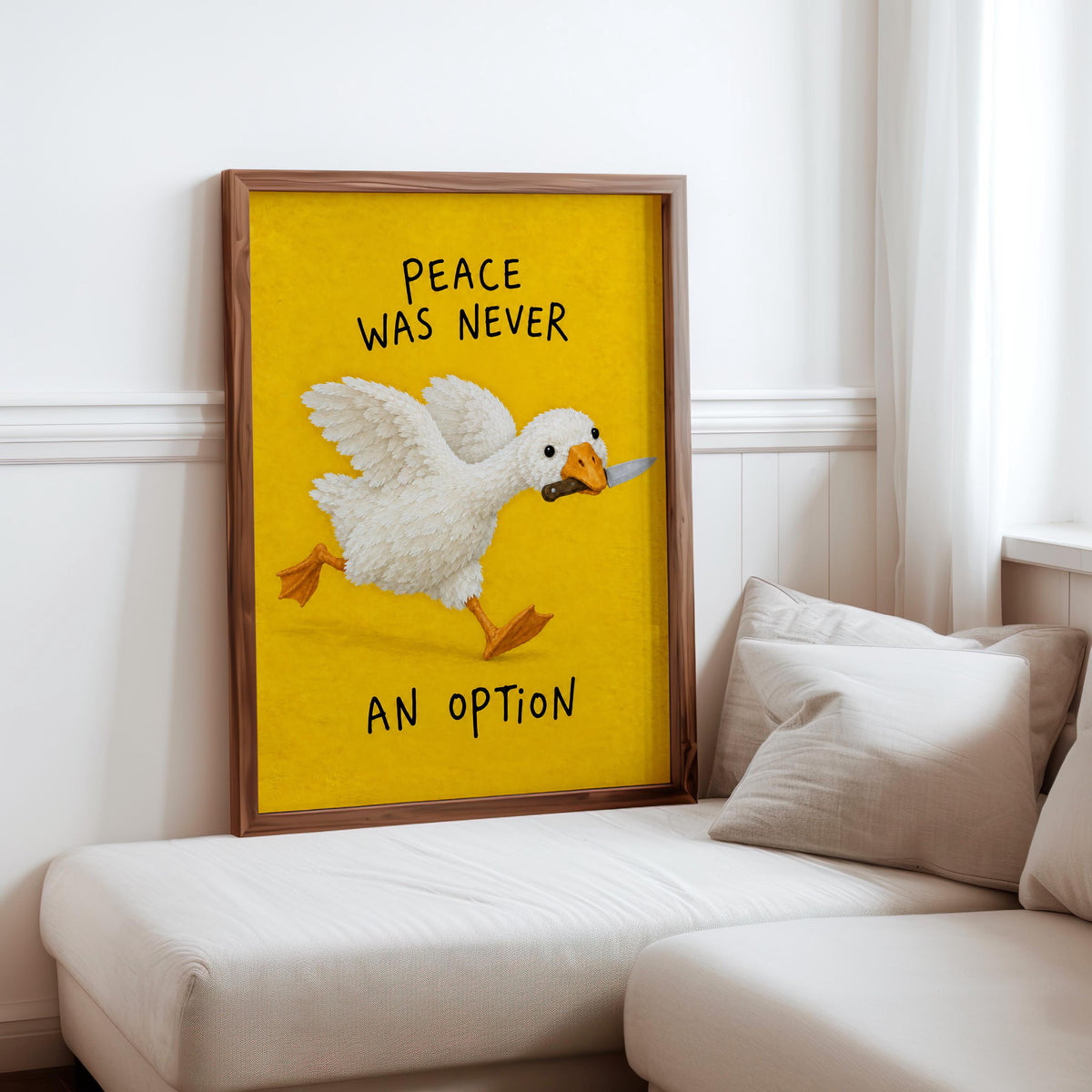 Peace Was Never an Option Wall Art, Silly Goose Meme Print, Dark Humor Quote Decor, Funny Gift for Bird Lovers, Whimsical Quirky Poster