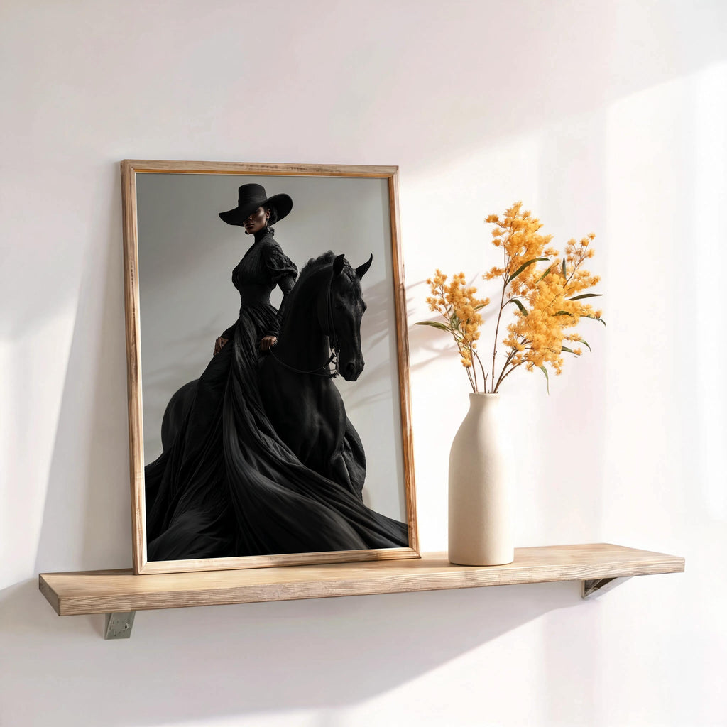 Afrocentric Horse Rider Wall Art, Black Woman Equestrian Fashion Print, Minimalist Girly fine Art, Chic African American Statement Decor