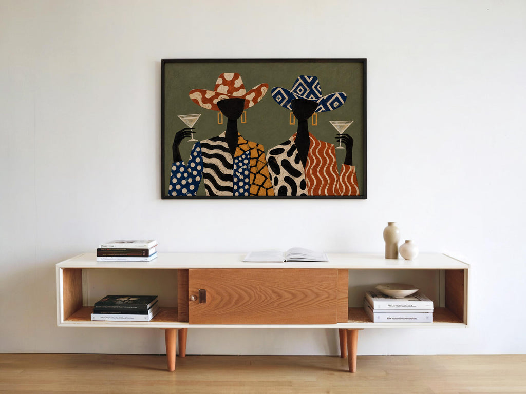 Martini Cowgirl Fashion Poster, Abstract Women Wall Art, Patterned Western Luxury Print, Retro Olive Decor, Cocktail Lover Gift