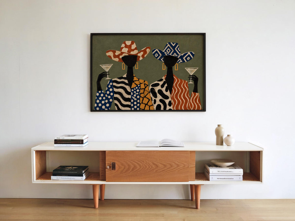Martini Cowgirl Fashion Poster, Abstract Women Wall Art, Patterned Western Luxury Print, Retro Olive Decor, Cocktail Lover Gift