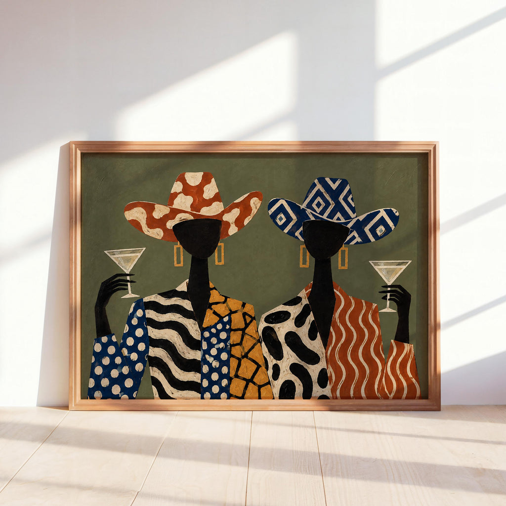 Martini Cowgirl Fashion Poster, Abstract Women Wall Art, Patterned Western Luxury Print, Retro Olive Decor, Cocktail Lover Gift