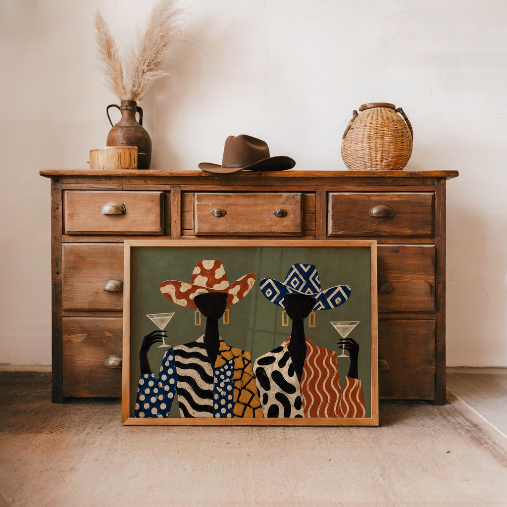 Martini Cowgirl Fashion Poster, Abstract Women Wall Art, Patterned Western Luxury Print, Retro Olive Decor, Cocktail Lover Gift