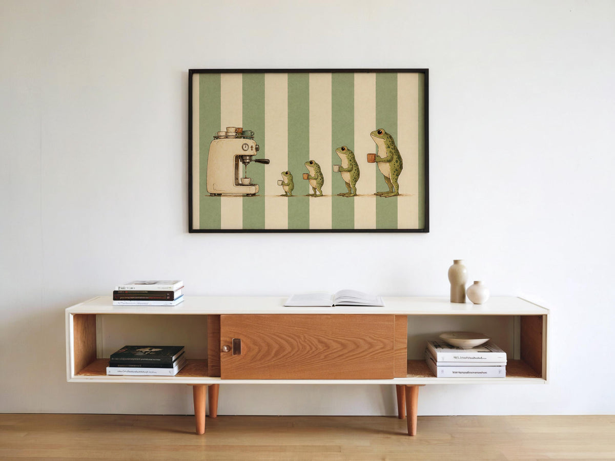 Frog Coffee Poster, Vintage Animal Wall Art, Retro Espresso Machine Illustration, Green Kitchen Decor, Whimsical Coffee Nook Bar Print