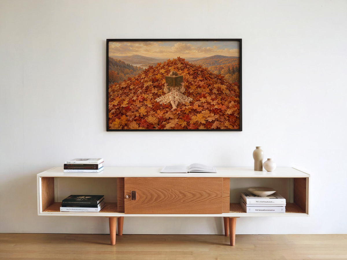 Autumn Girl Reading Book Poster, Cozy Fall Wall Art, Reading Nook Illustration, Golden Leaves Decor, Book Lover Bookish Literary Gift
