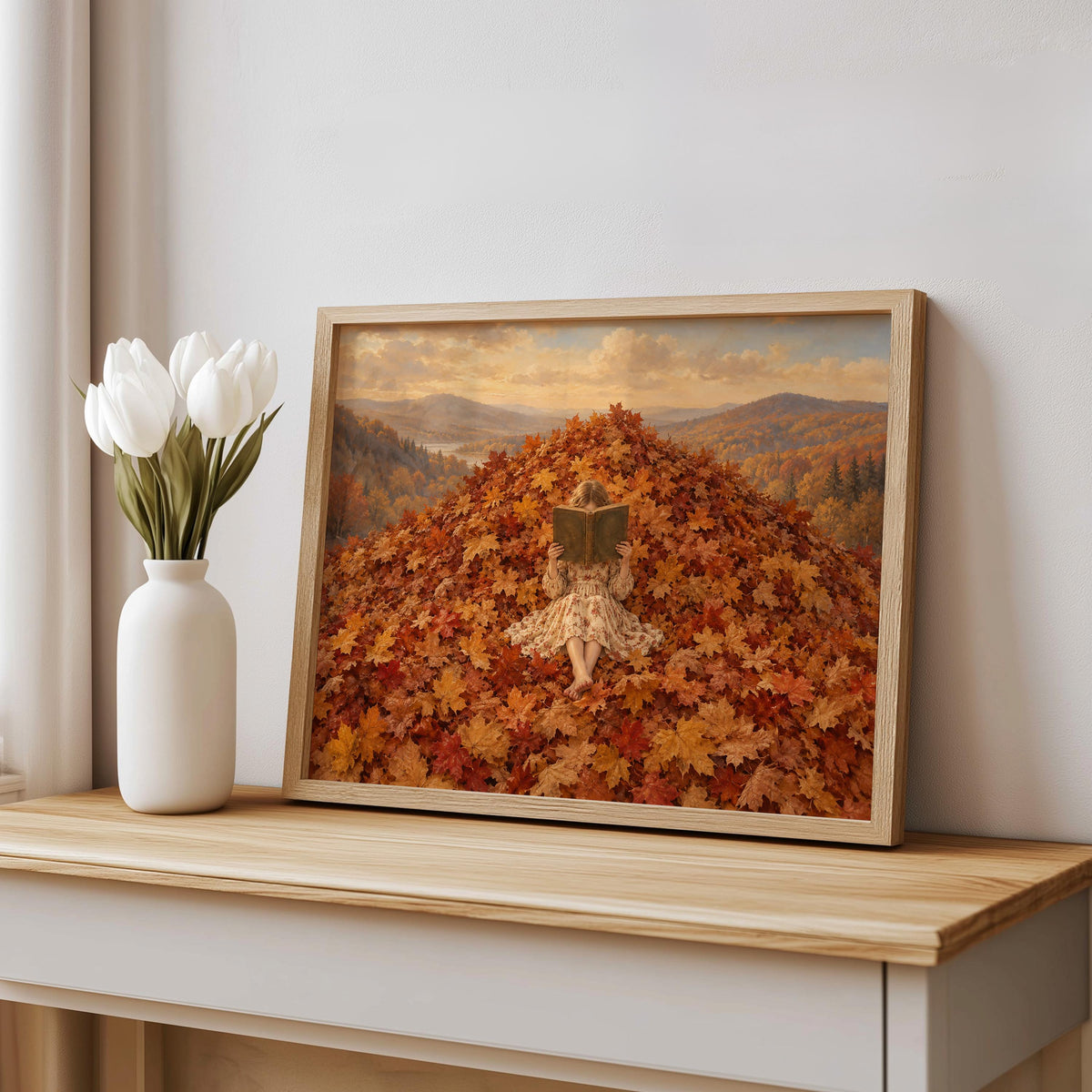 Autumn Girl Reading Book Poster, Cozy Fall Wall Art, Reading Nook Illustration, Golden Leaves Decor, Book Lover Bookish Literary Gift