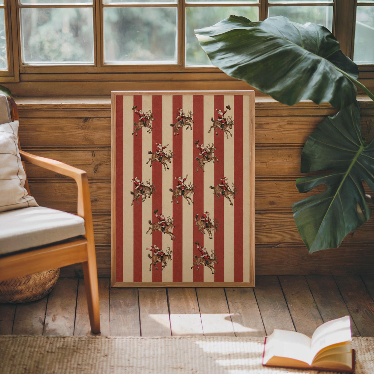 Santa Rodeo Reindeer Print, Vintage Christmas Cowboy Wall Art, Red Stripe Holiday Illustration, Retro Santa Claus Western Decor, Xmas Poster