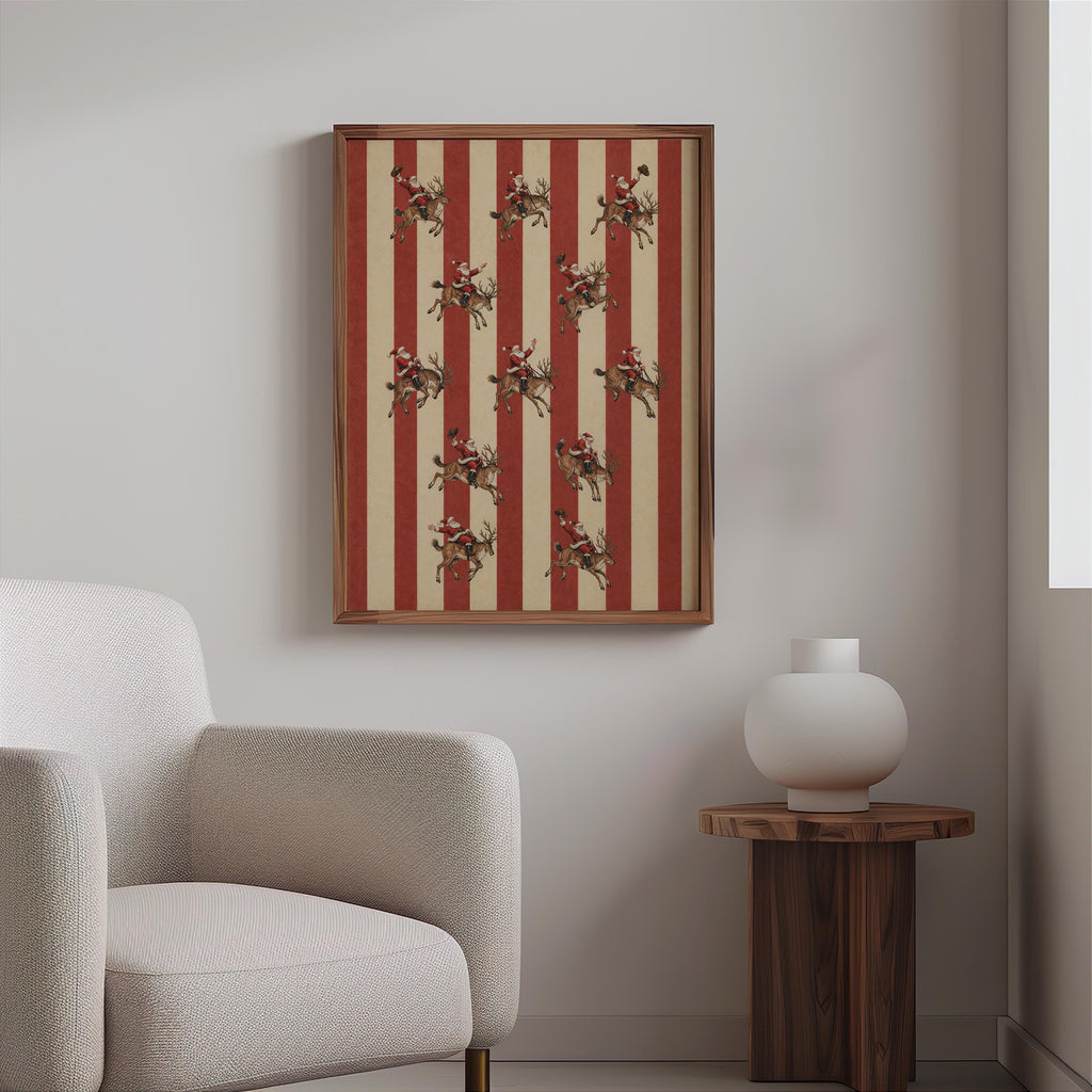 Santa Rodeo Reindeer Print, Vintage Christmas Cowboy Wall Art, Red Stripe Holiday Illustration, Retro Santa Claus Western Decor, Xmas Poster