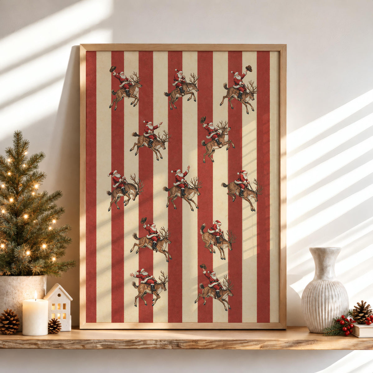 Santa Rodeo Reindeer Print, Vintage Christmas Cowboy Wall Art, Red Stripe Holiday Illustration, Retro Santa Claus Western Decor, Xmas Poster