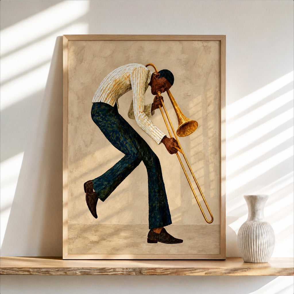 Trombone Player Wall Art, African American Jazz Musician Painting, Afrocentric Artistic Music Print Decor, Abstract Textured Band Gift