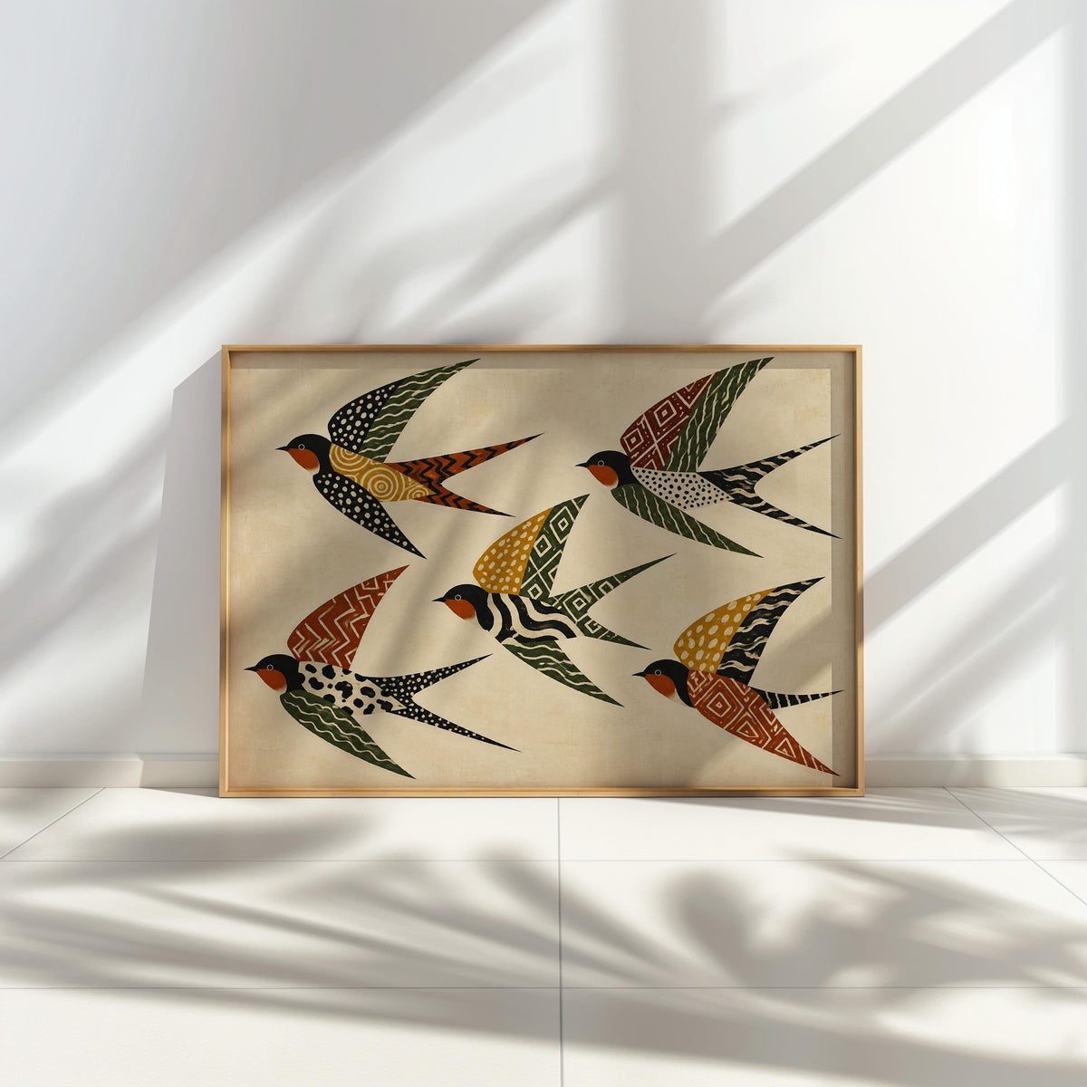 Folk Art Swallows Print, Geometric Bird Wall Decor, African Inspired Animals Poster, Earthy Rust Olive Mustard Artwork, Eclectic Living Room