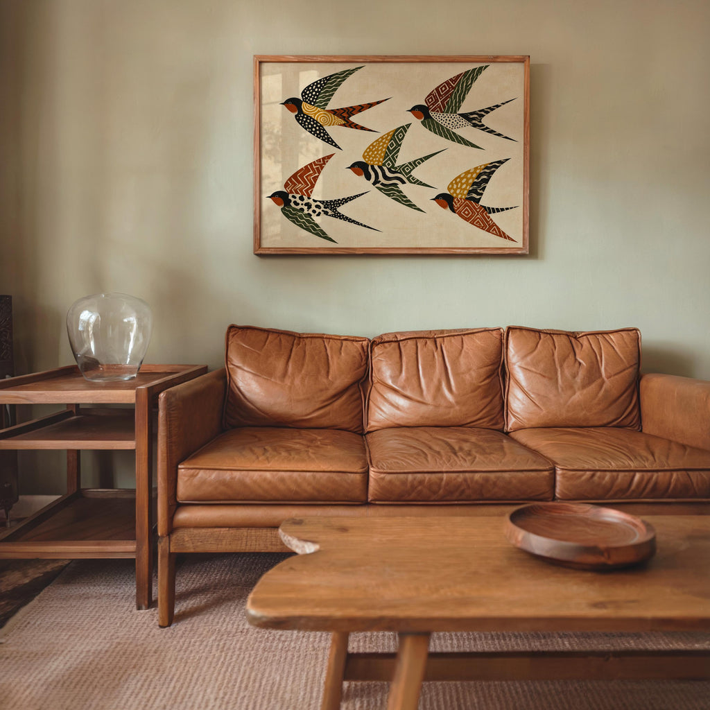 Folk Art Swallows Print, Geometric Bird Wall Decor, African Inspired Animals Poster, Earthy Rust Olive Mustard Artwork, Eclectic Living Room