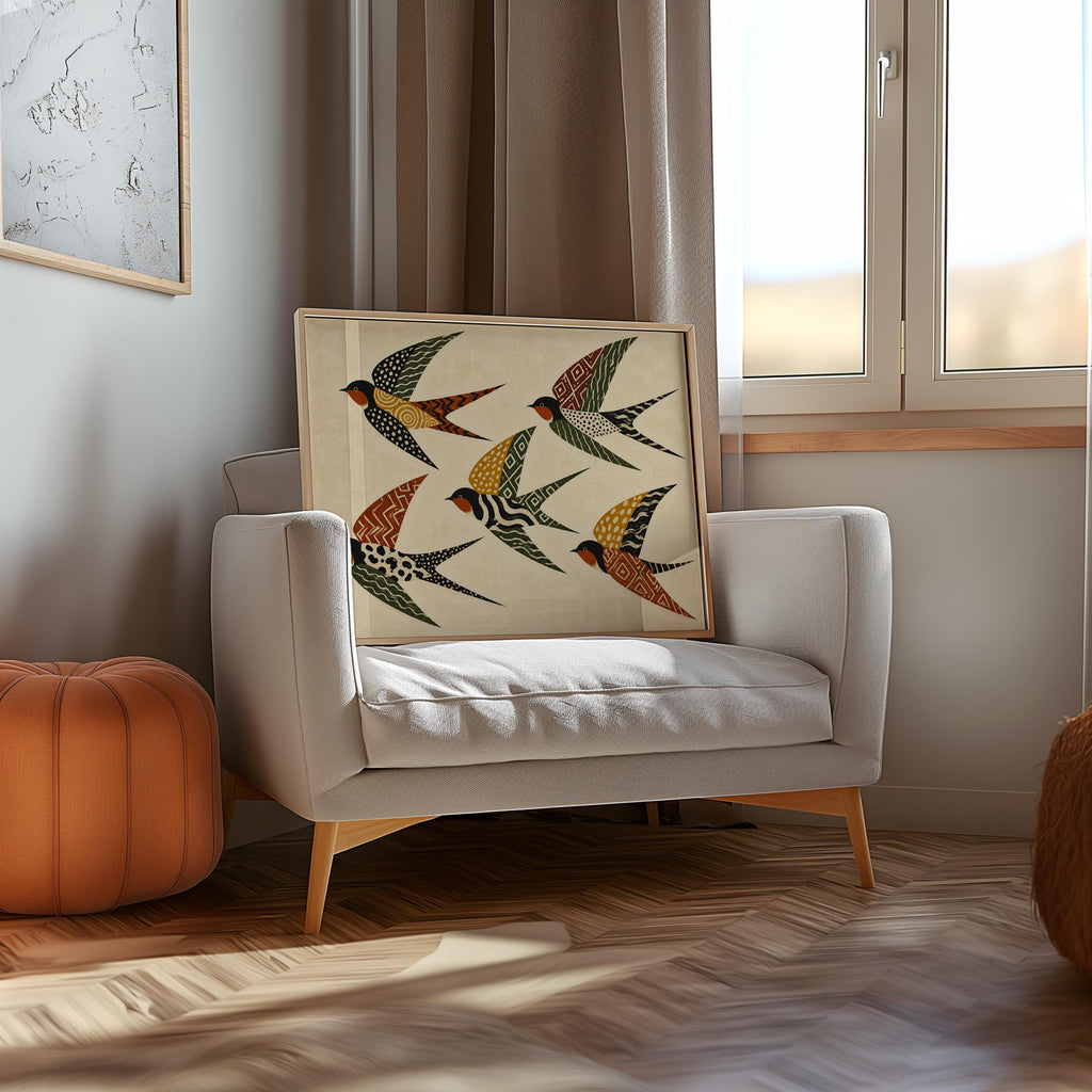 Folk Art Swallows Print, Geometric Bird Wall Decor, African Inspired Animals Poster, Earthy Rust Olive Mustard Artwork, Eclectic Living Room