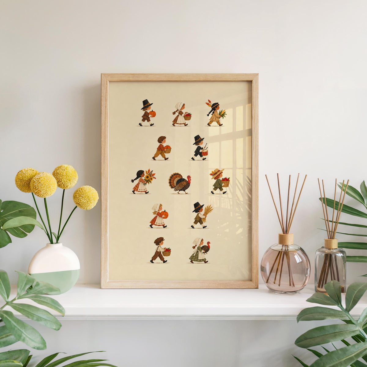 Thanksgiving Parade Wall Art, Vintage Pilgrim Kids Poster, Turkey Harvest Print, Fall Farmhouse Decor, Autumn Family Holiday Artwork