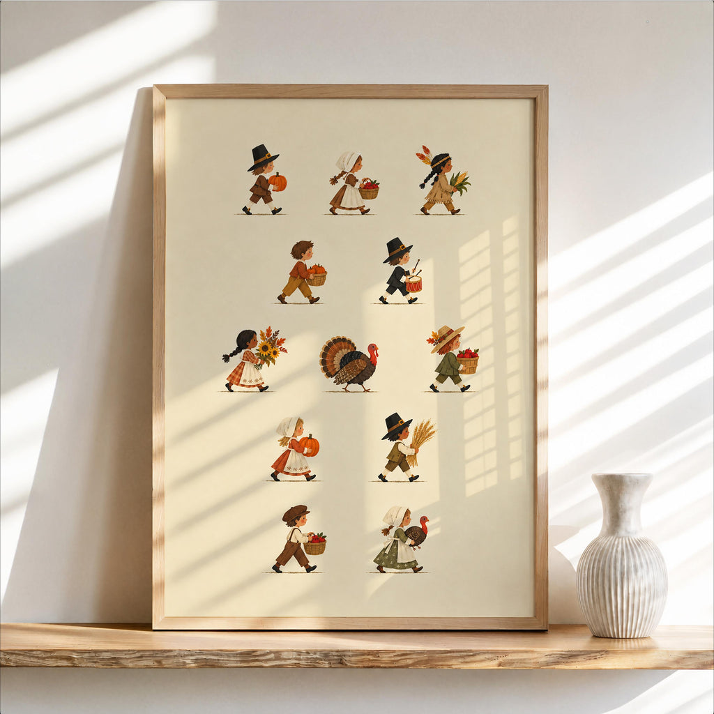 Thanksgiving Parade Wall Art, Vintage Pilgrim Kids Poster, Turkey Harvest Print, Fall Farmhouse Decor, Autumn Family Holiday Artwork