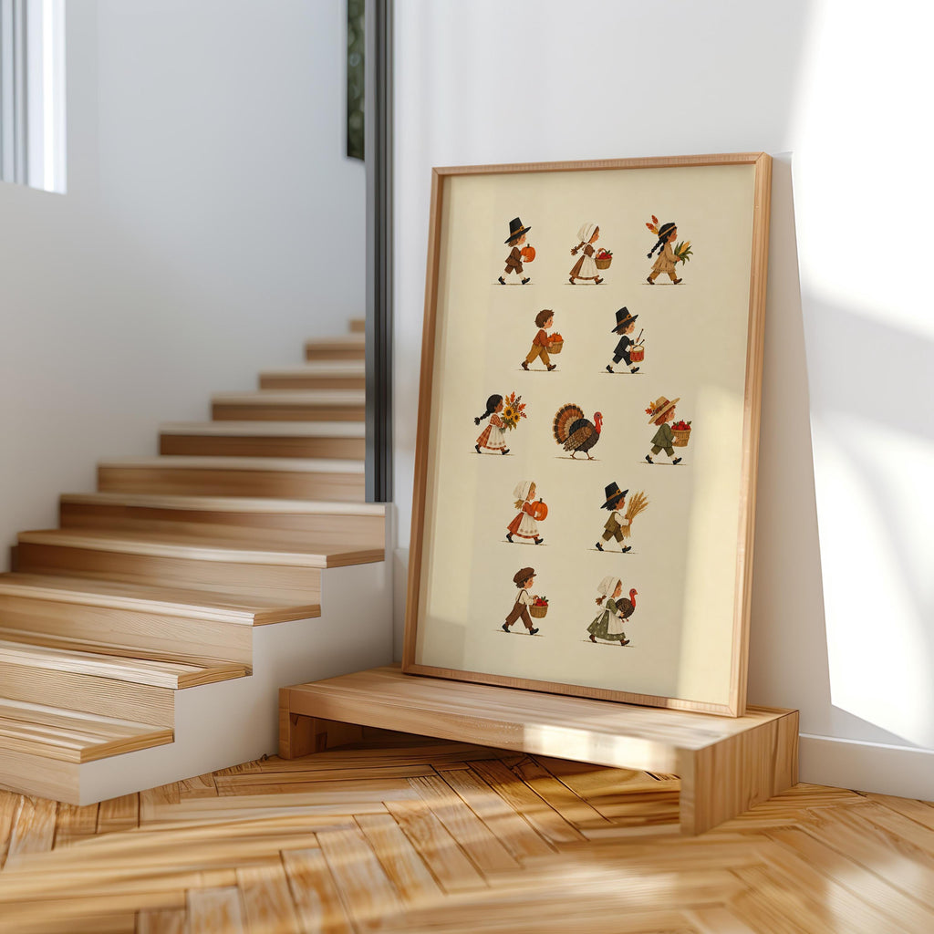 Thanksgiving Parade Wall Art, Vintage Pilgrim Kids Poster, Turkey Harvest Print, Fall Farmhouse Decor, Autumn Family Holiday Artwork