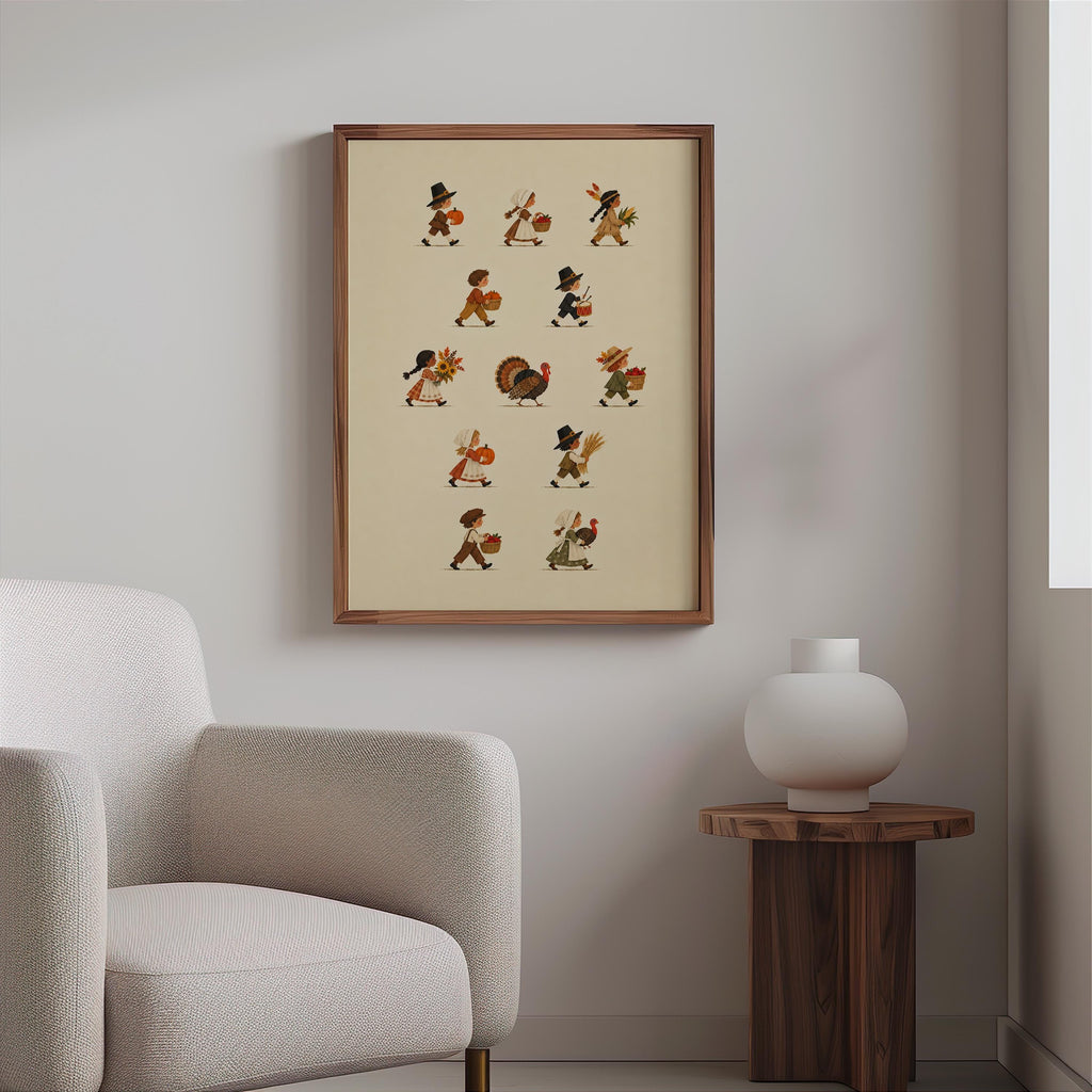 Thanksgiving Parade Wall Art, Vintage Pilgrim Kids Poster, Turkey Harvest Print, Fall Farmhouse Decor, Autumn Family Holiday Artwork