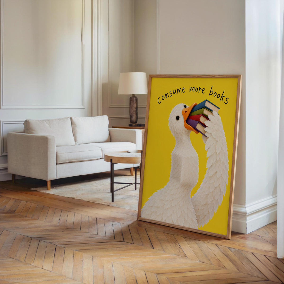 Consume More Books Goose Wall Art, Funny Reading Poster, Silly Goose Book Lover Print, Yellow Library Decor, Bookish Literary Gift
