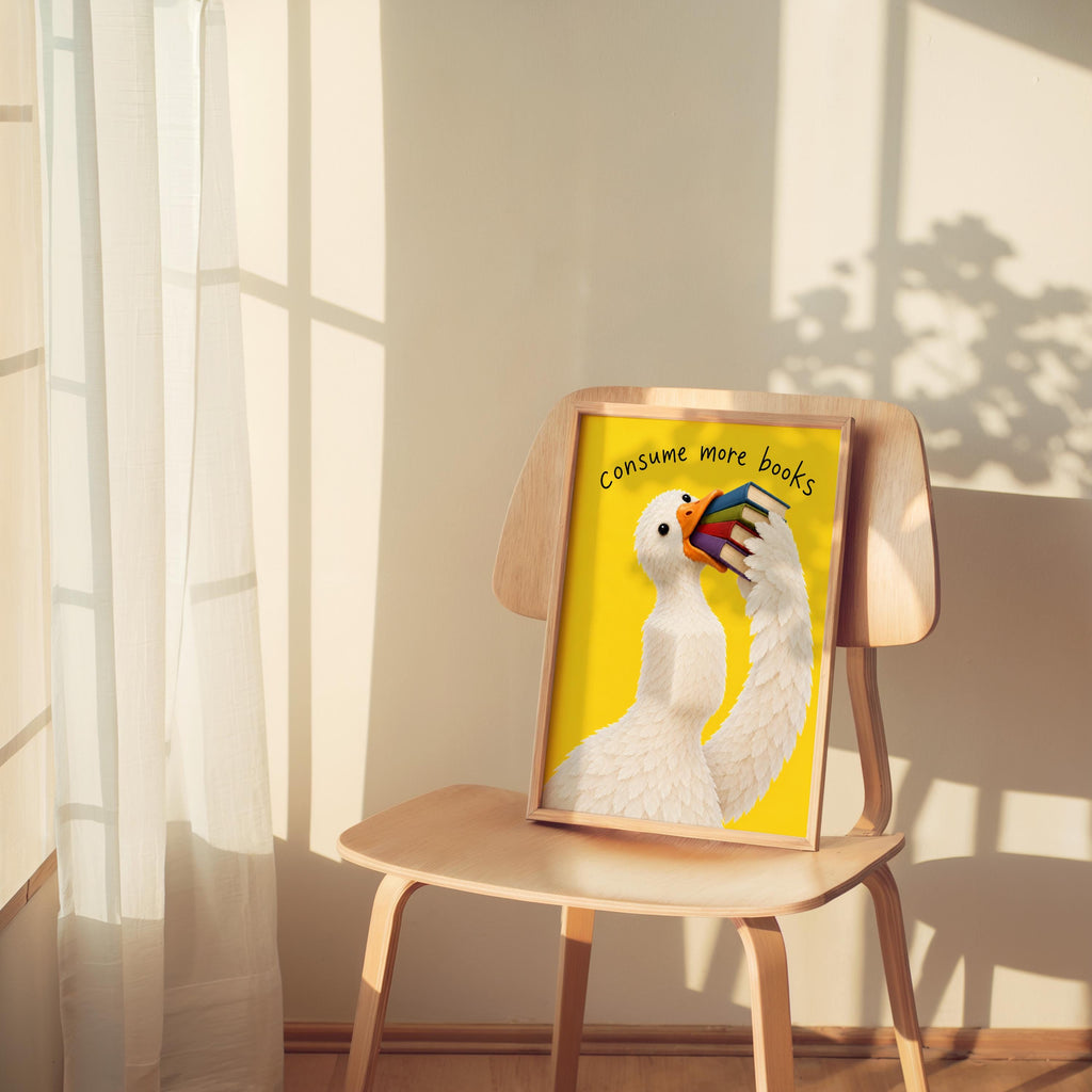 Consume More Books Goose Wall Art, Funny Reading Poster, Silly Goose Book Lover Print, Yellow Library Decor, Bookish Literary Gift