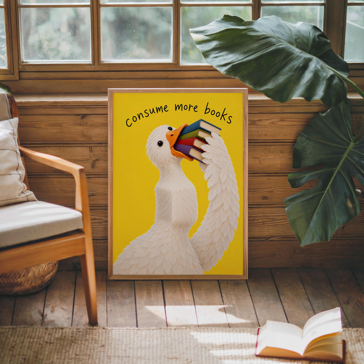 Consume More Books Goose Wall Art, Funny Reading Poster, Silly Goose Book Lover Print, Yellow Library Decor, Bookish Literary Gift