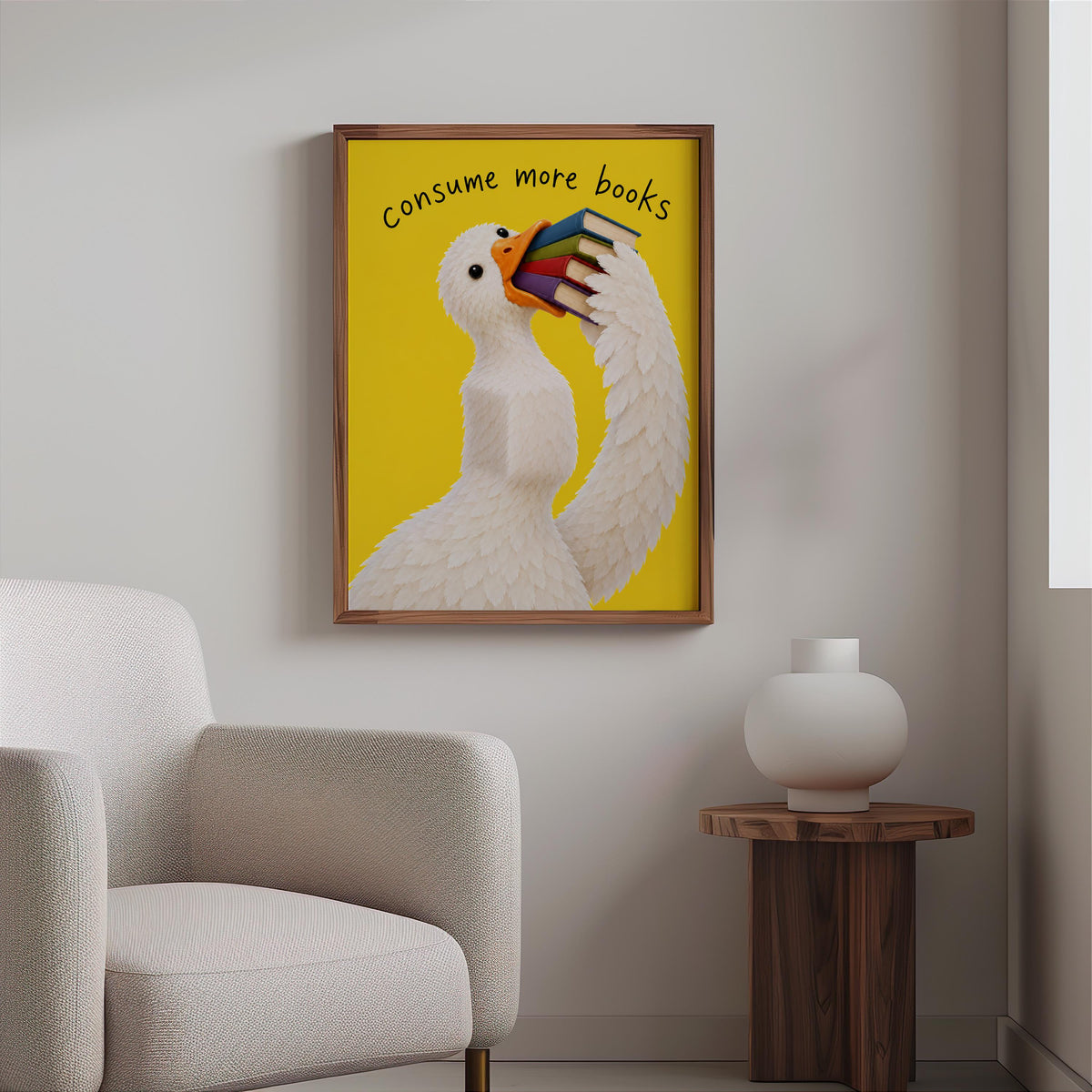 Consume More Books Goose Wall Art, Funny Reading Poster, Silly Goose Book Lover Print, Yellow Library Decor, Bookish Literary Gift